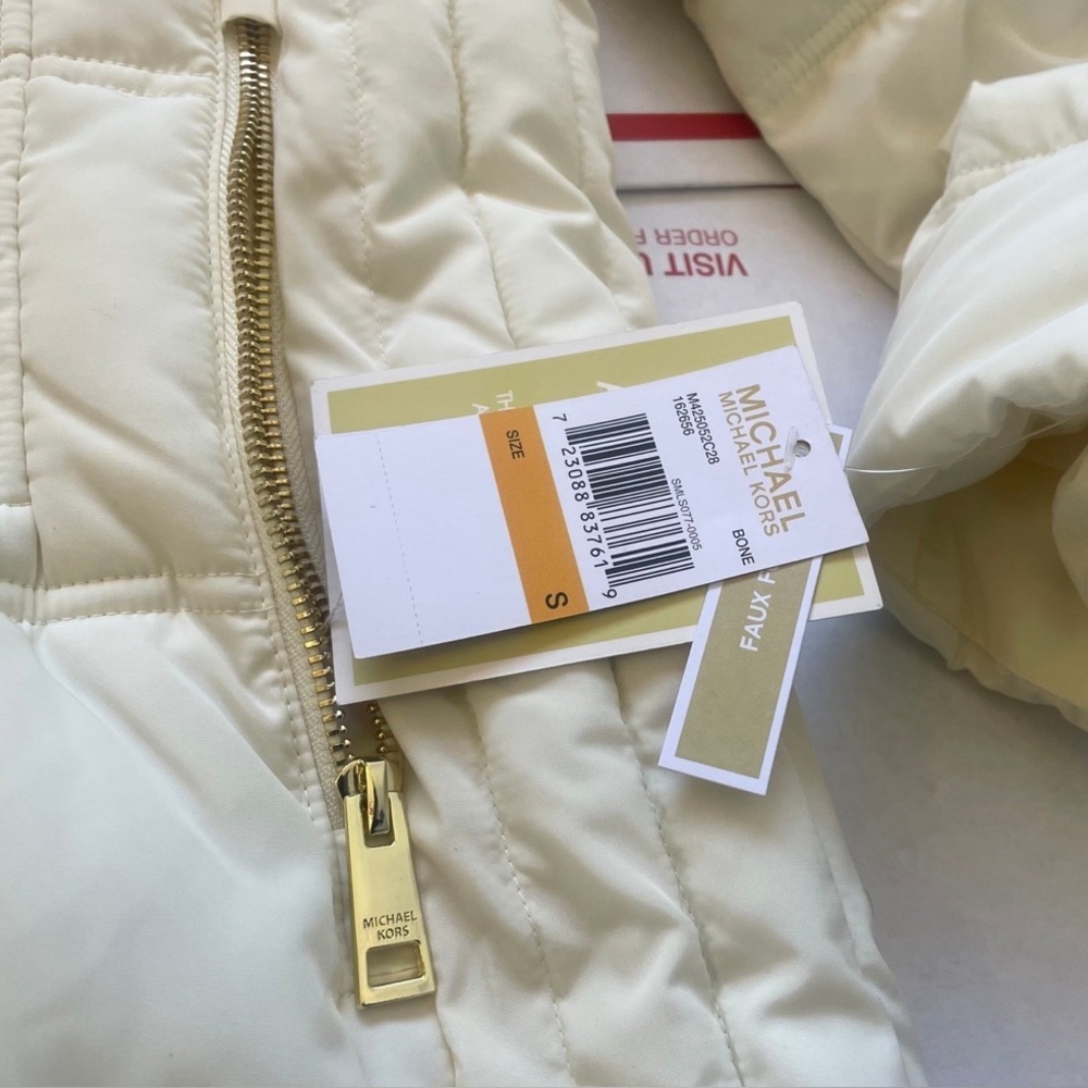 STUNNING 💅❄ Michael Kors Bone White MK Mid-Length Fur Puffer Jacket Coat $360 - Picture 8 of 15